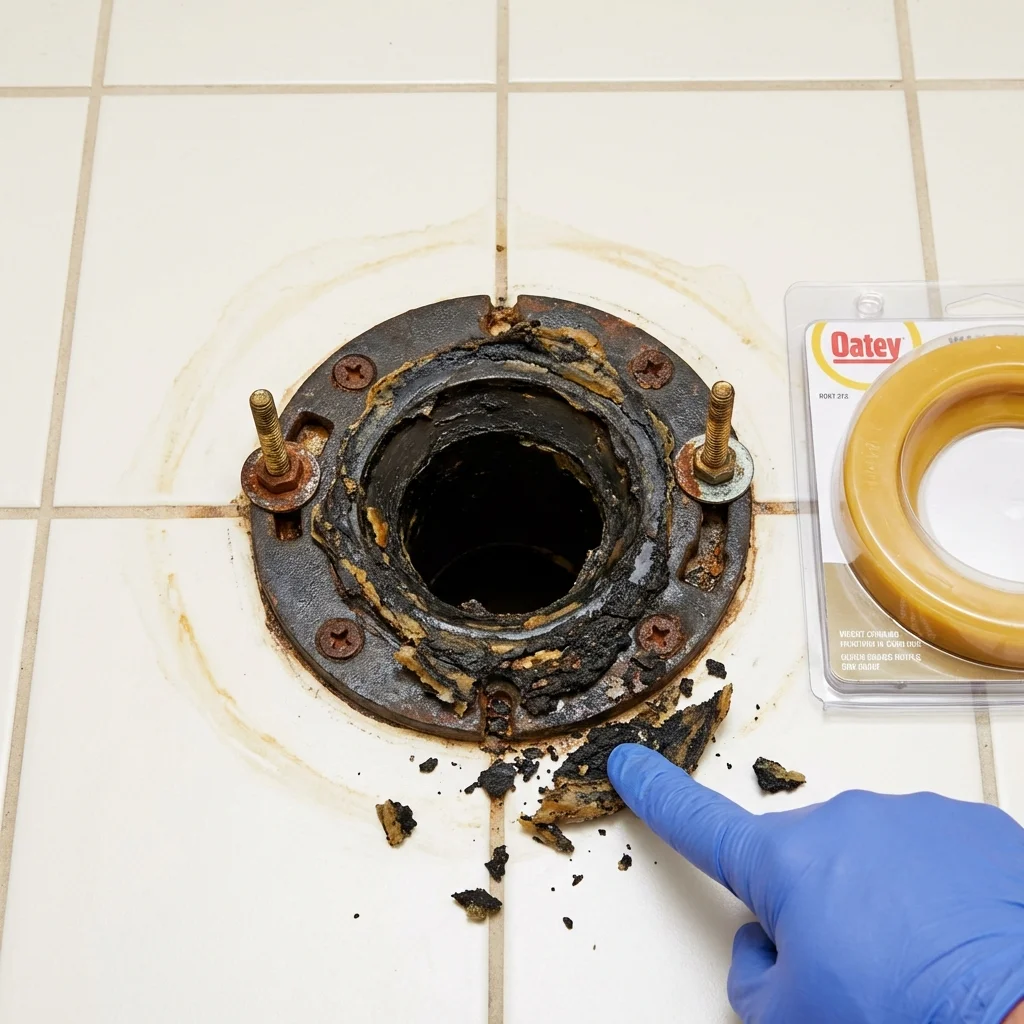 Failed wax ring showing water seepage at the base of a toilet in a Cocoa, FL home